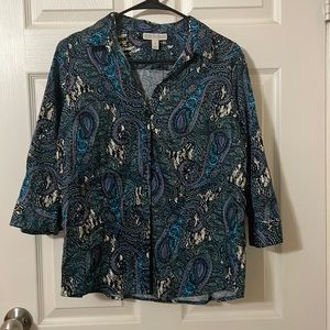 Womens Size Large, Blue and Purple Paisley, Dana Buchman, 3/4 Length Sleeve Top